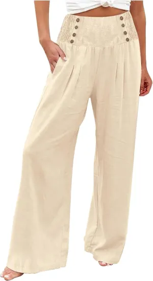 Womens Wide Leg Pants Boho Smocked High Elastic Waist in The Back Palazzo Trousers with Pockets Lounge Vacation Pants