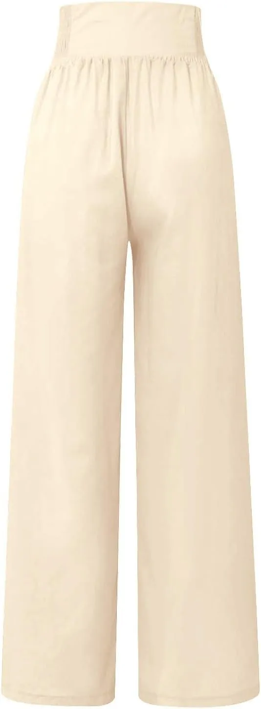Womens Wide Leg Pants Boho Smocked High Elastic Waist in The Back Palazzo Trousers with Pockets Lounge Vacation Pants