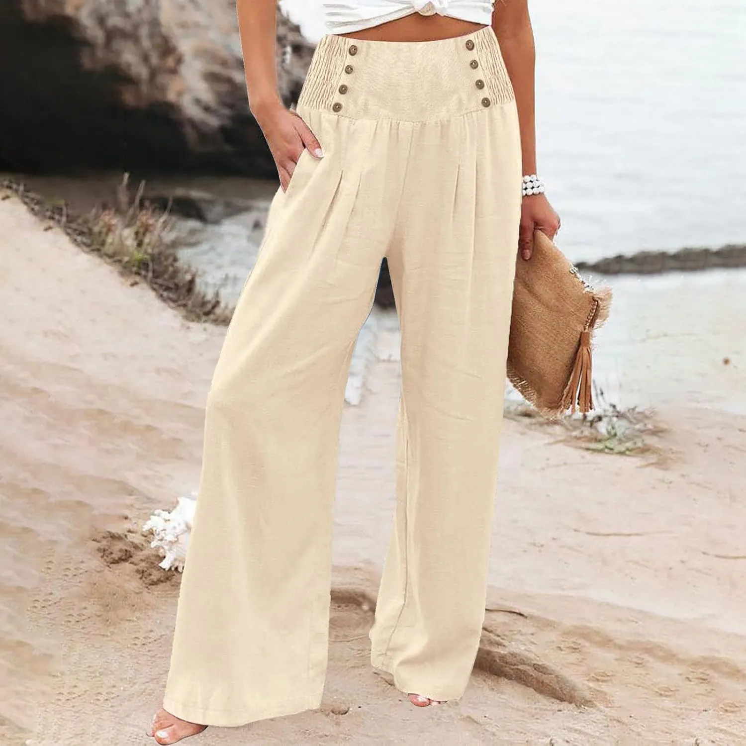 Womens Wide Leg Pants Boho Smocked High Elastic Waist in The Back Palazzo Trousers with Pockets Lounge Vacation Pants