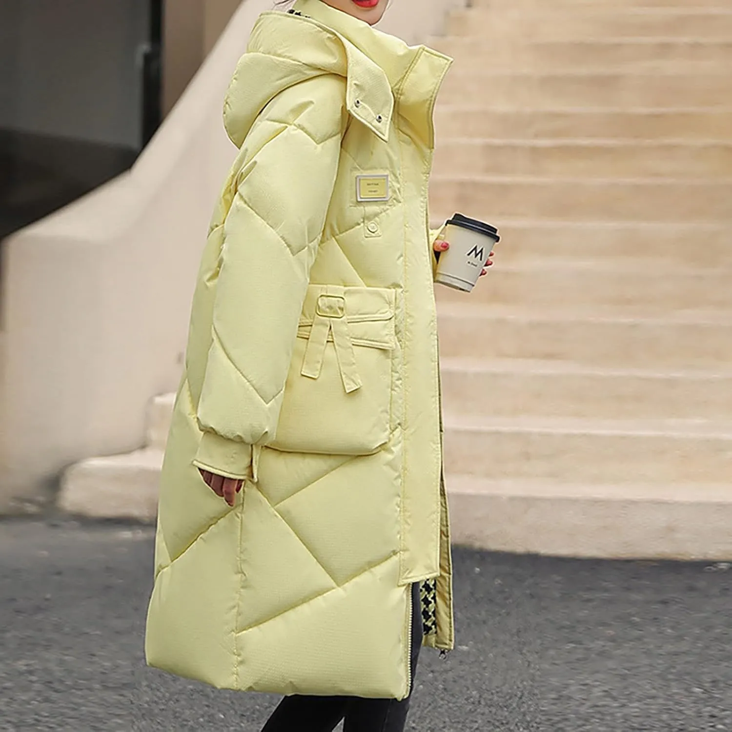 Women's Winter Over Knee Hooded Maxi Long Puffer Down Coat Long Winter Coats Zip Up Padded Coat Maxi Length Outerwear