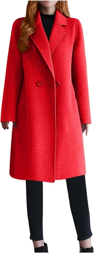 Womens Wool Blend Pea Coat Notched Collar Double Breasted Long Trench Coat Wool Blend Long Mid Pea Overcoat Warm 2024