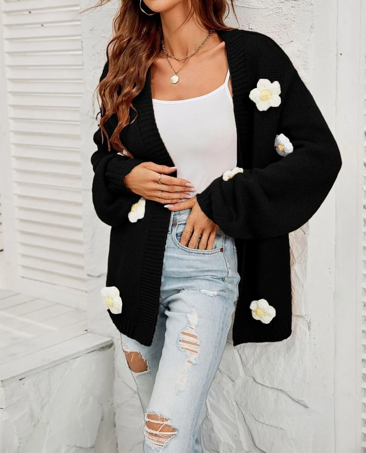Womens Y2K Cute Cardigan Sweaters Open Front Cropped Flower Knit Jacket Vintage Preppy Aesthetic 90s Clothes Kawaii Sweater
