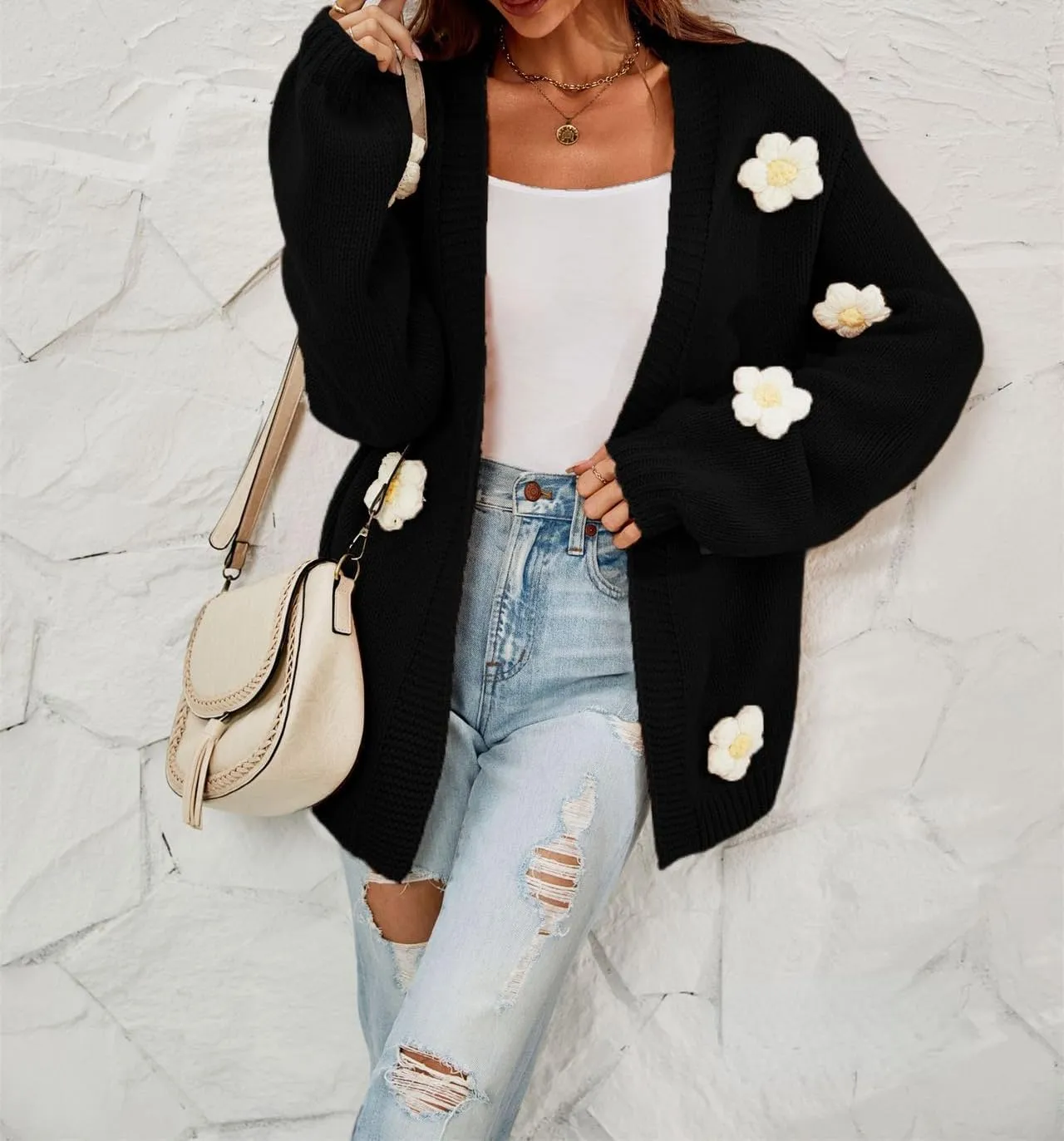 Womens Y2K Cute Cardigan Sweaters Open Front Cropped Flower Knit Jacket Vintage Preppy Aesthetic 90s Clothes Kawaii Sweater