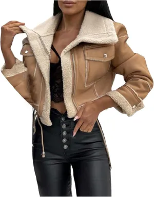 XUNRYAN Womens Faux-Leather Jackets Winter Sherpa Fleece Coat 2023 Fashion Cropped Zip Up Motorcycle Jacket Short Outerwear