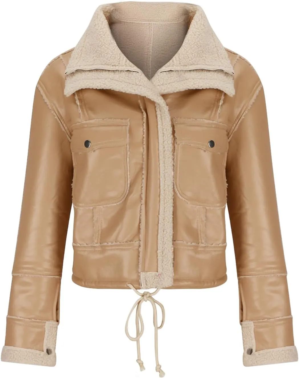 XUNRYAN Womens Faux-Leather Jackets Winter Sherpa Fleece Coat 2023 Fashion Cropped Zip Up Motorcycle Jacket Short Outerwear