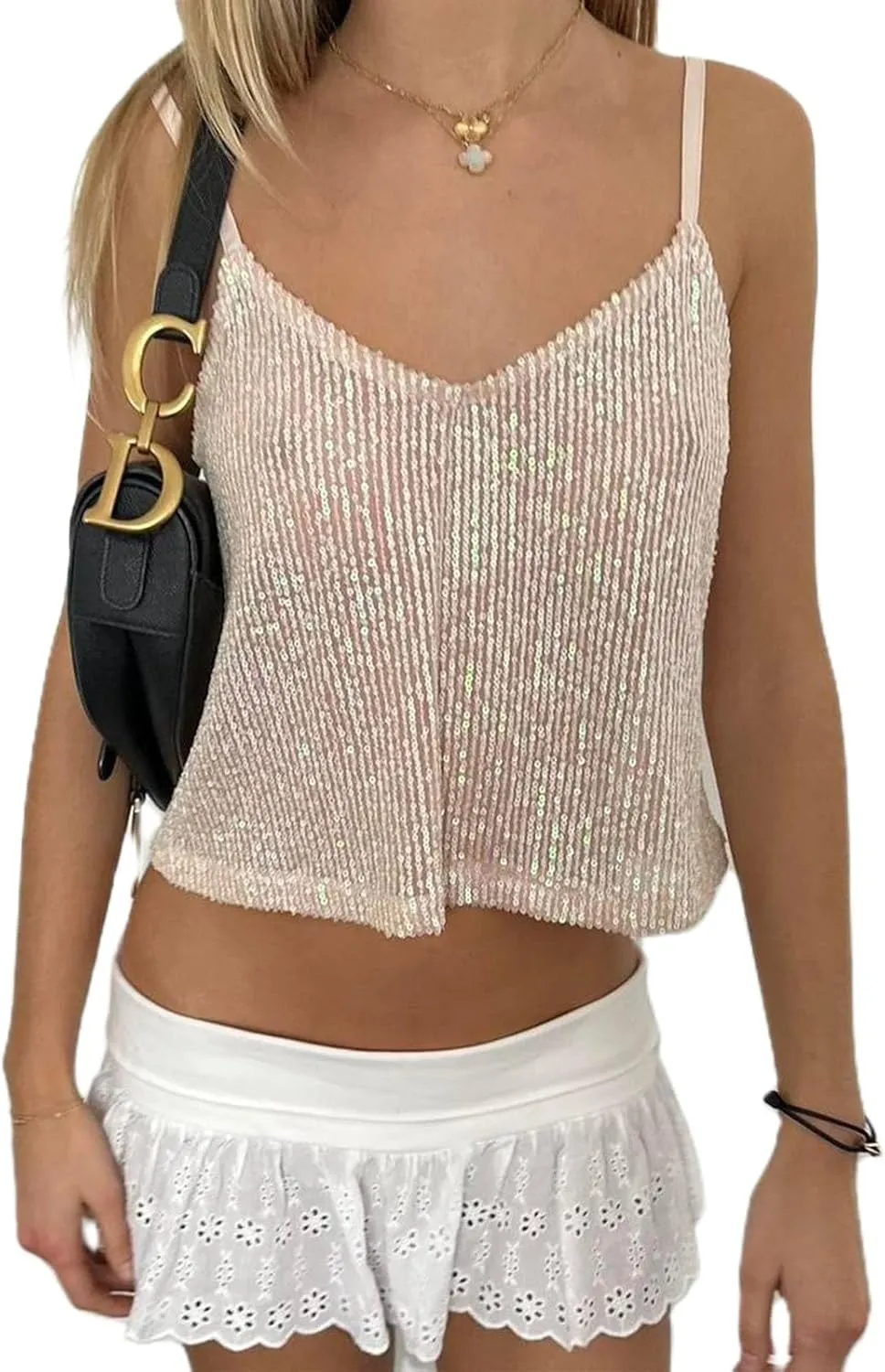 Y2K Sequin Cami Top for Women Sexy Sparkle Backless Low Cut Crop Tank Top Cute Teens Summer Rhinestone Going Out Tops