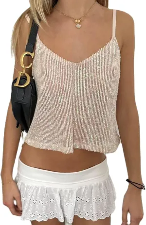 Y2K Sequin Cami Top for Women Sexy Sparkle Backless Low Cut Crop Tank Top Cute Teens Summer Rhinestone Going Out Tops