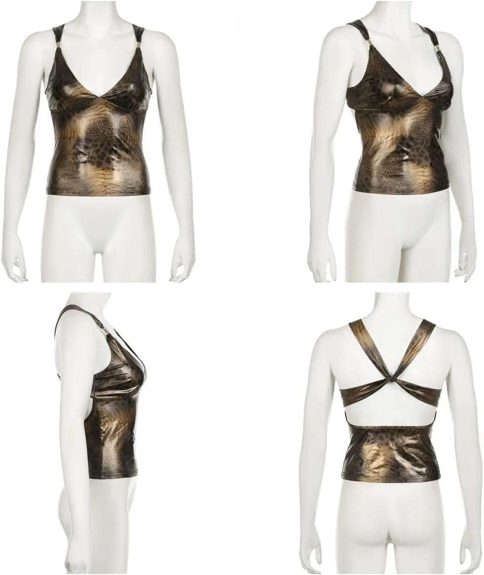 Y2K Sexy Leopard Print Tank Top for Women Corset Crop Top V Neck Tank Tops Camisole Tops for Women Fashion Hotsweet