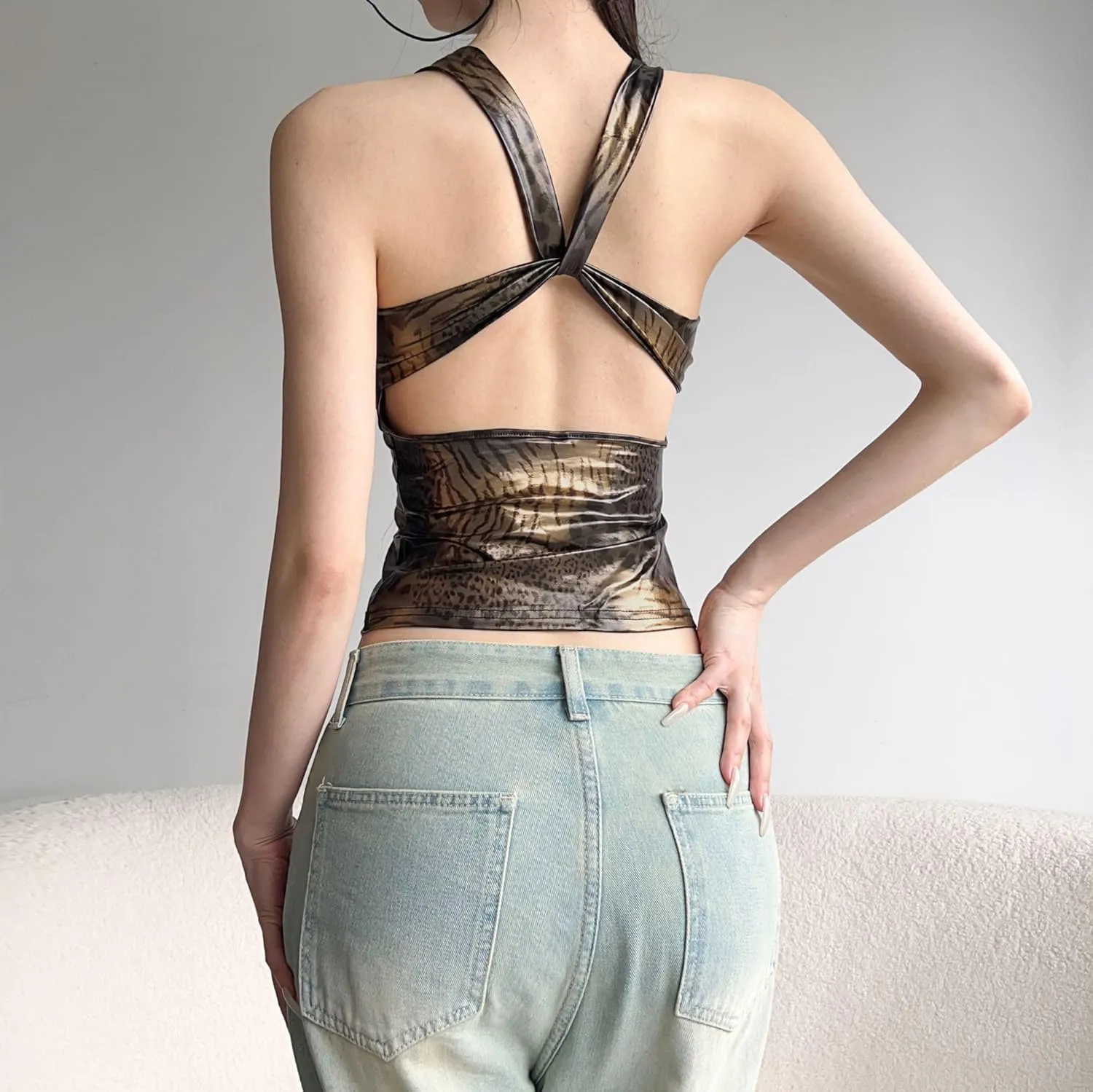 Y2K Sexy Leopard Print Tank Top for Women Corset Crop Top V Neck Tank Tops Camisole Tops for Women Fashion Hotsweet