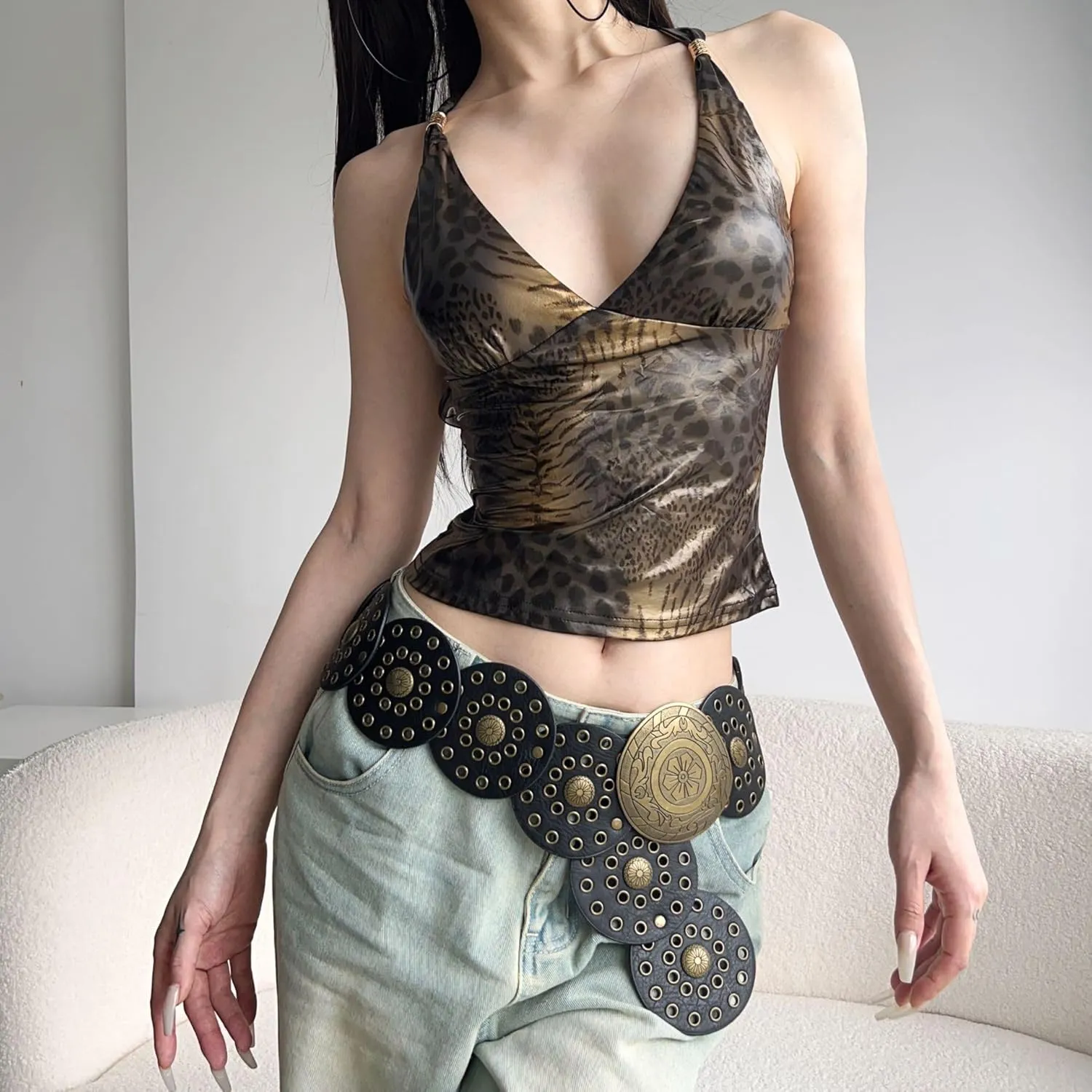 Y2K Sexy Leopard Print Tank Top for Women Corset Crop Top V Neck Tank Tops Camisole Tops for Women Fashion Hotsweet