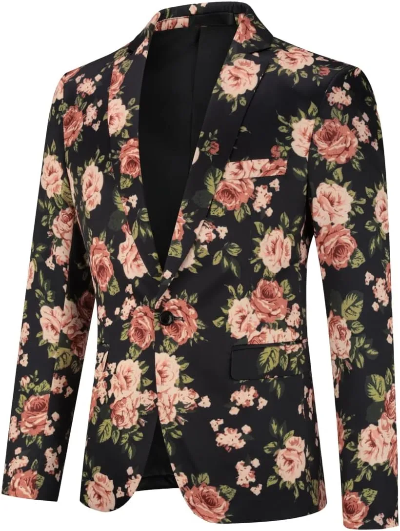 YFFUSHI Mens Dress Floral Suit Slim Fit Single Breasted Stylish Casual Printed Blazer Jacket