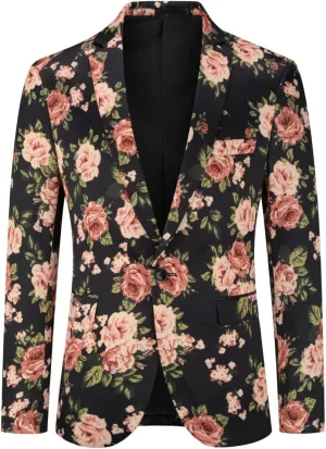 YFFUSHI Mens Dress Floral Suit Slim Fit Single Breasted Stylish Casual Printed Blazer Jacket