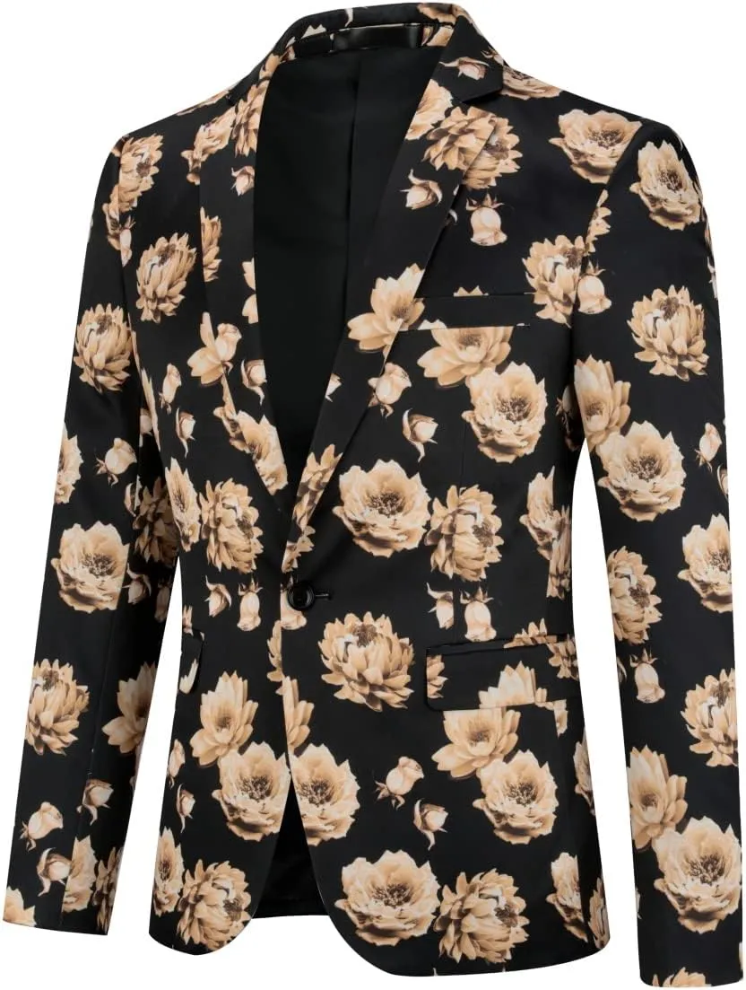 YFFUSHI Mens Dress Floral Suit Slim Fit Single Breasted Stylish Casual Printed Blazer Jacket