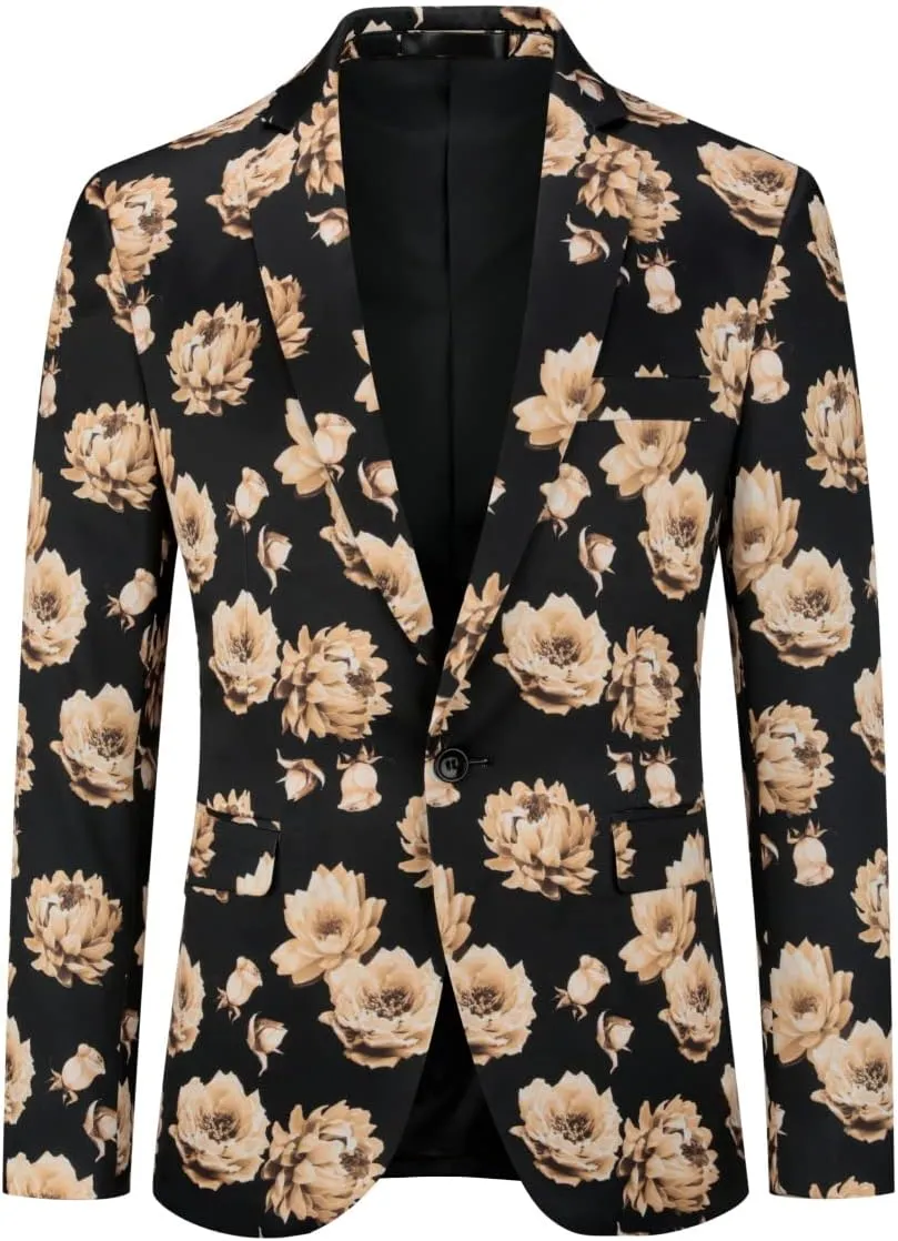 YFFUSHI Mens Dress Floral Suit Slim Fit Single Breasted Stylish Casual Printed Blazer Jacket