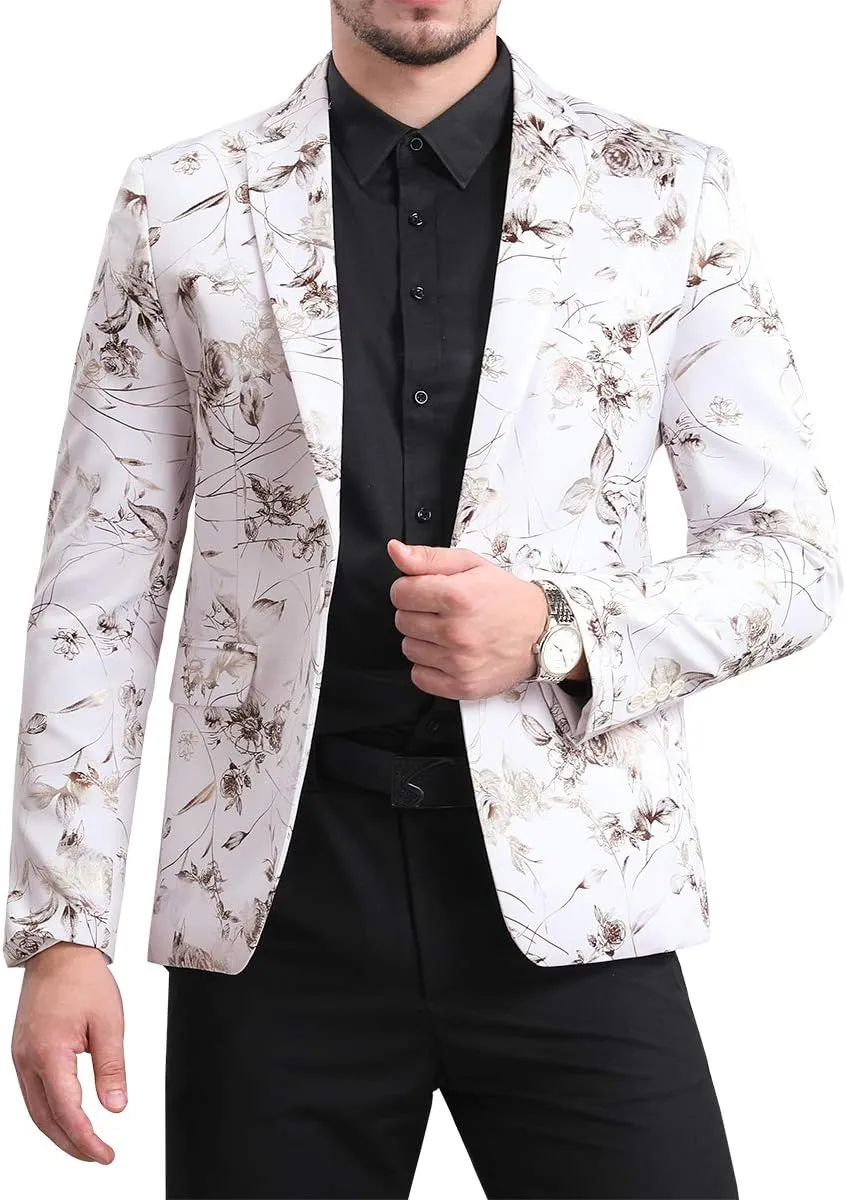 YFFUSHI Mens Dress Floral Suit Slim Fit Single Breasted Stylish Casual Printed Blazer Jacket
