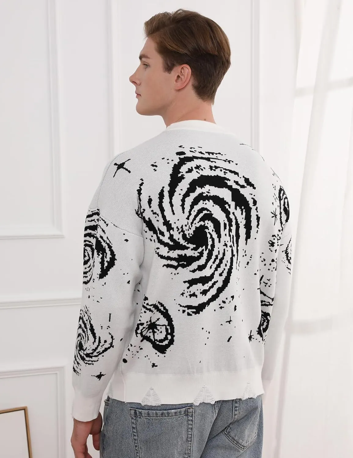 Yimoon Mens Oversized Graphic Sweater Unisex Long Sleeve Cable Knit Aesthetic Pullover Y2K Vintage Jumper Tops