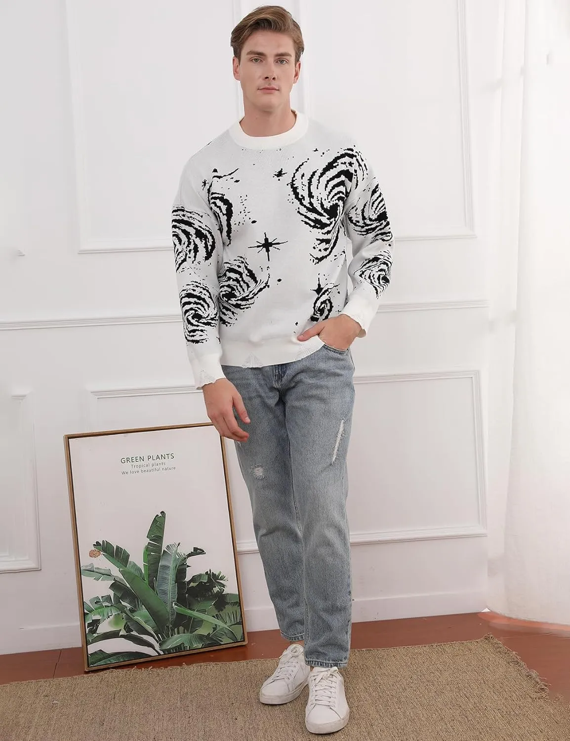 Yimoon Mens Oversized Graphic Sweater Unisex Long Sleeve Cable Knit Aesthetic Pullover Y2K Vintage Jumper Tops