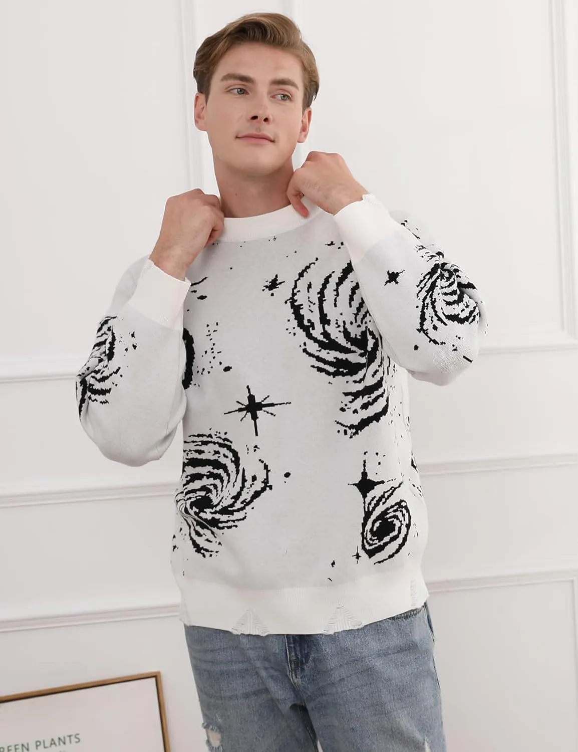 Yimoon Mens Oversized Graphic Sweater Unisex Long Sleeve Cable Knit Aesthetic Pullover Y2K Vintage Jumper Tops