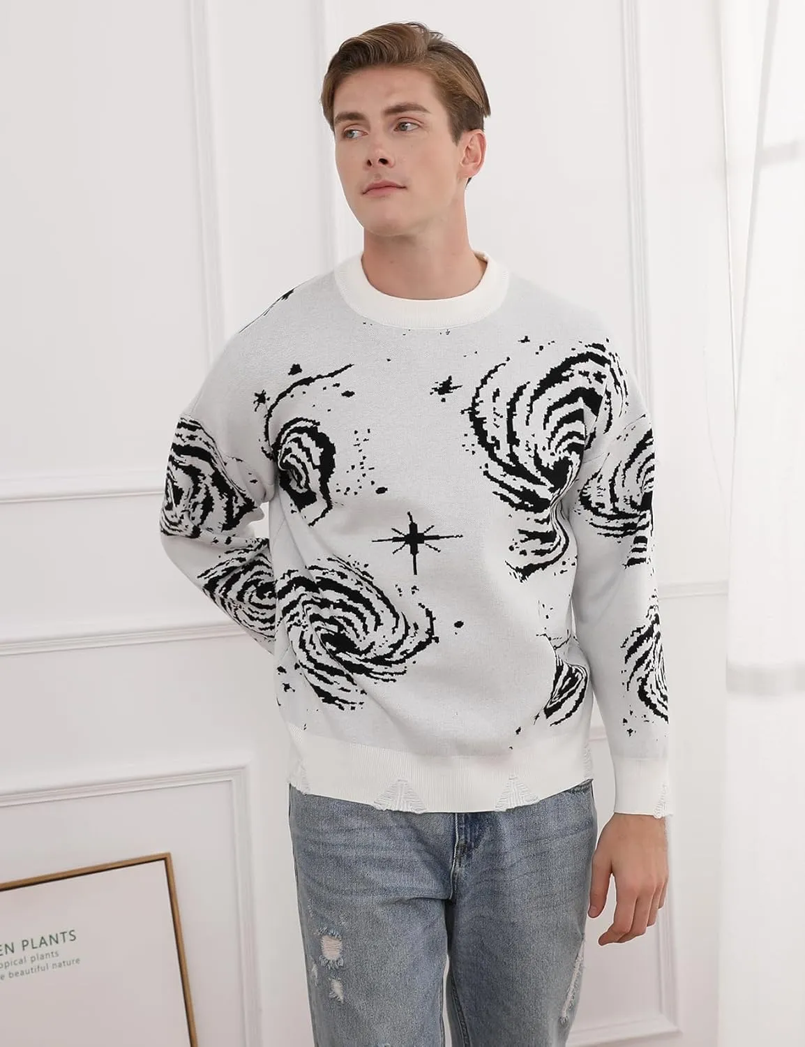 Yimoon Mens Oversized Graphic Sweater Unisex Long Sleeve Cable Knit Aesthetic Pullover Y2K Vintage Jumper Tops