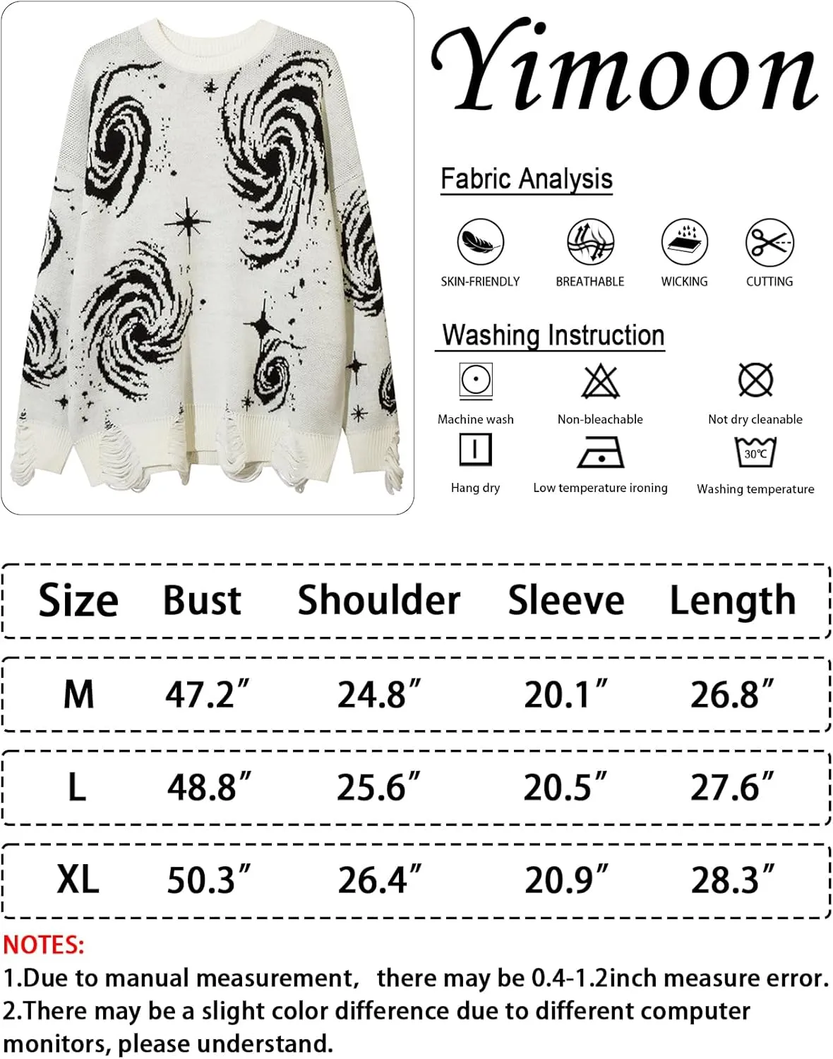Yimoon Mens Oversized Graphic Sweater Unisex Long Sleeve Cable Knit Aesthetic Pullover Y2K Vintage Jumper Tops