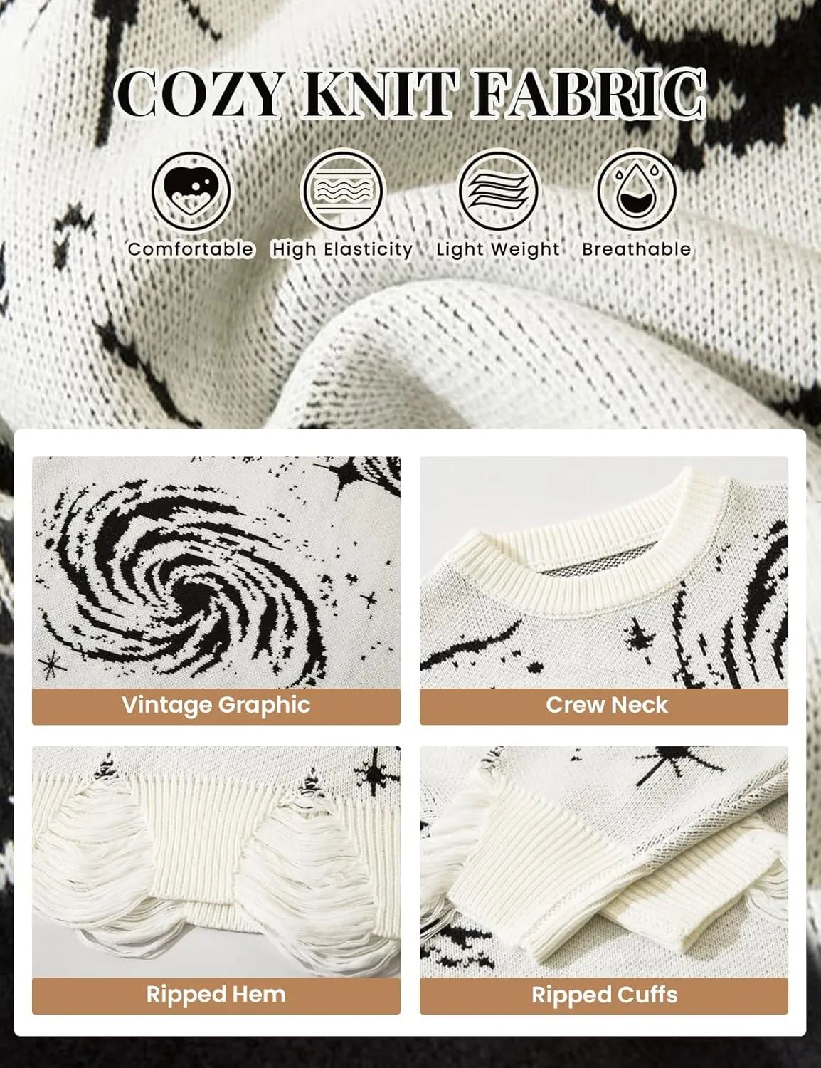 Yimoon Mens Oversized Graphic Sweater Unisex Long Sleeve Cable Knit Aesthetic Pullover Y2K Vintage Jumper Tops