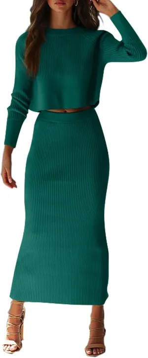 YKR Women's 2 Piece Sweater Dress Skirt Sets Rib Knit Maxi Bodycon Crop Top Winter Outfits for Women