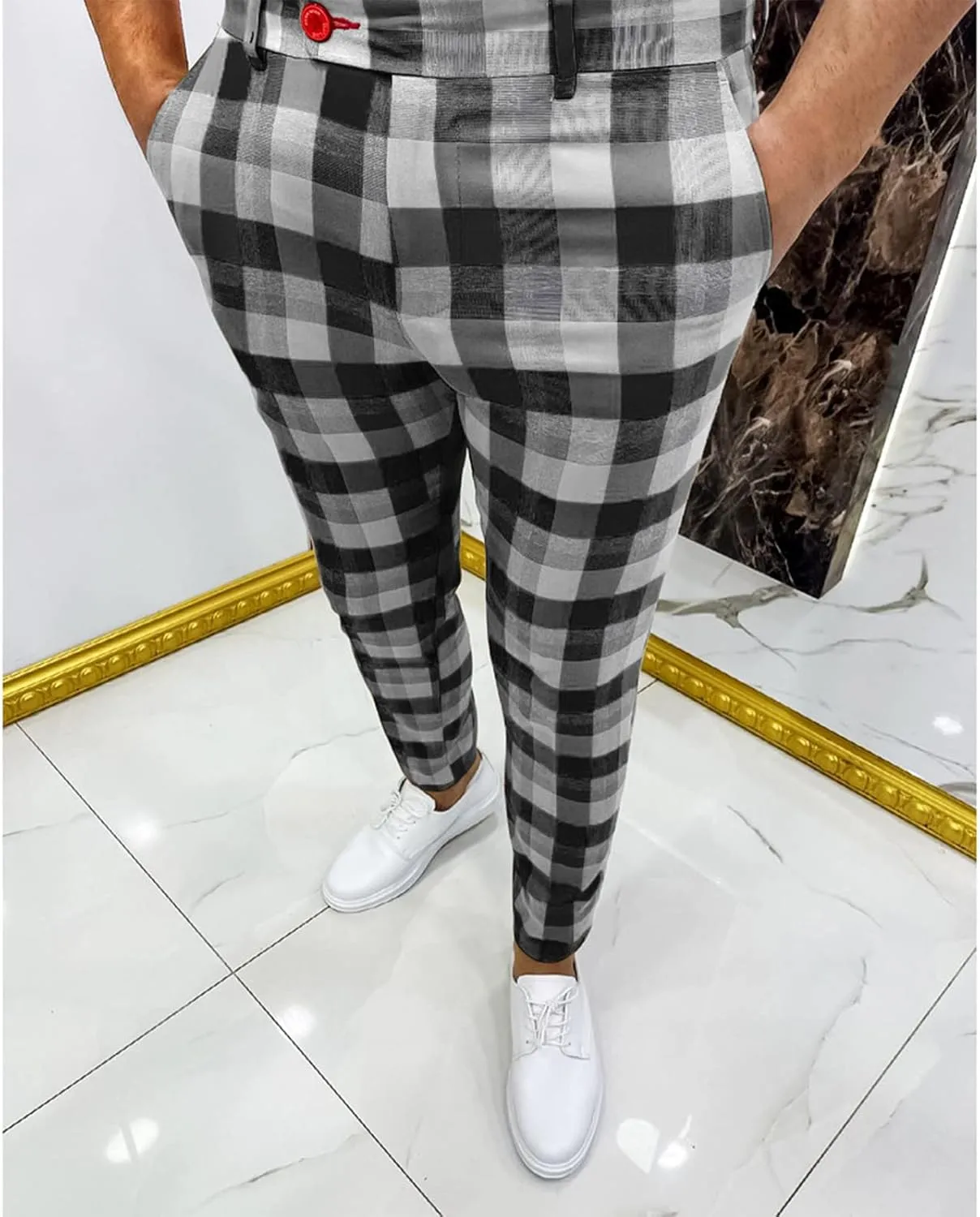 Ymosrh Khaki Cargo Pants for Men Fashion Stretch Dress Pants Slim Fit Plaid Pants Business Suit Casual Golf Work