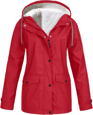 YRAETENM Fleece Lined Raincoat for Women Waterproof Lightweight Rain Jacket Plus Size Warm Ski Outdoor Trench Coats with Hood
