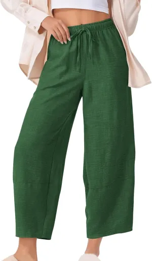 YRAETENM Women's Linen Pants Summer Drawstring High Waisted Solid Beach Pants Casual Wide Leg Lounge Trousers with Pockets