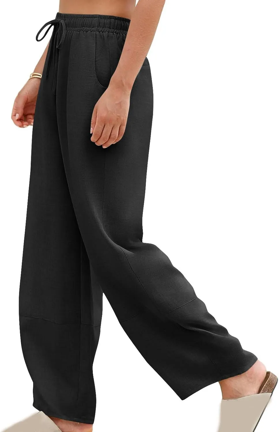 YRAETENM Women's Linen Pants Summer Drawstring High Waisted Solid Beach Pants Casual Wide Leg Lounge Trousers with Pockets