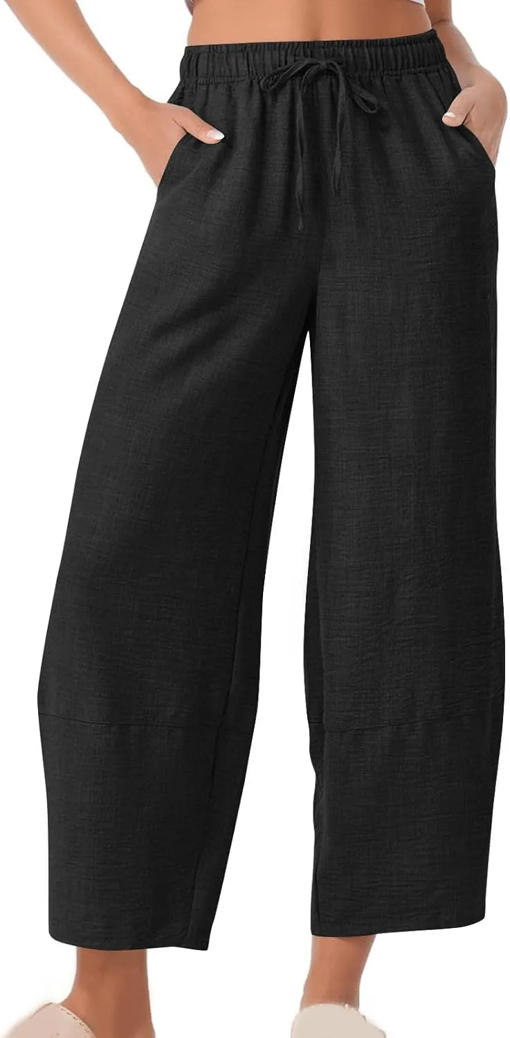 YRAETENM Women's Linen Pants Summer Drawstring High Waisted Solid Beach Pants Casual Wide Leg Lounge Trousers with Pockets