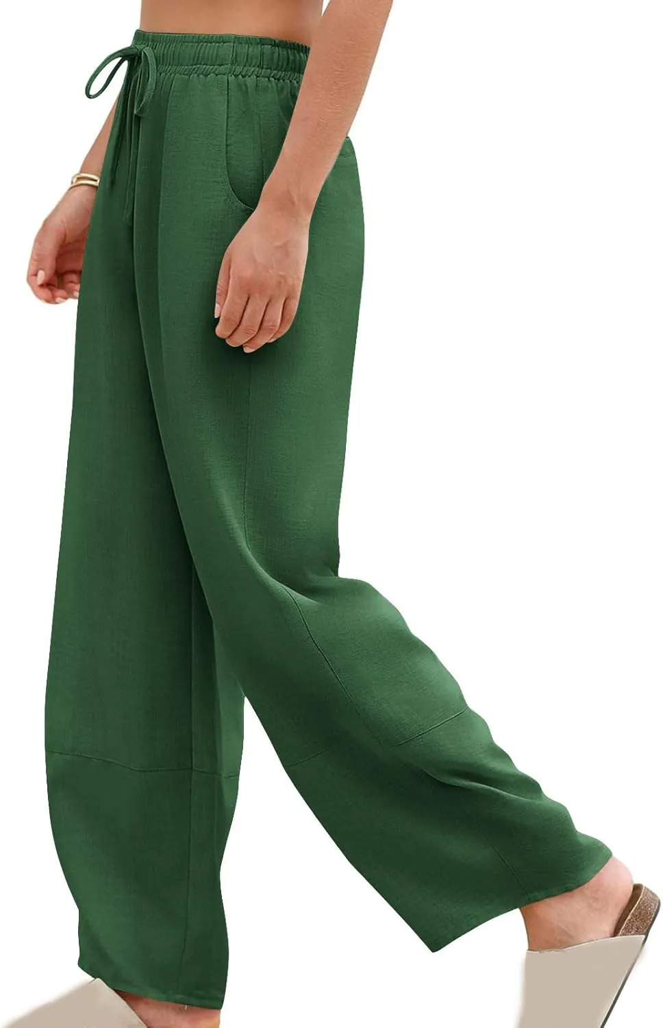 YRAETENM Women's Linen Pants Summer Drawstring High Waisted Solid Beach Pants Casual Wide Leg Lounge Trousers with Pockets