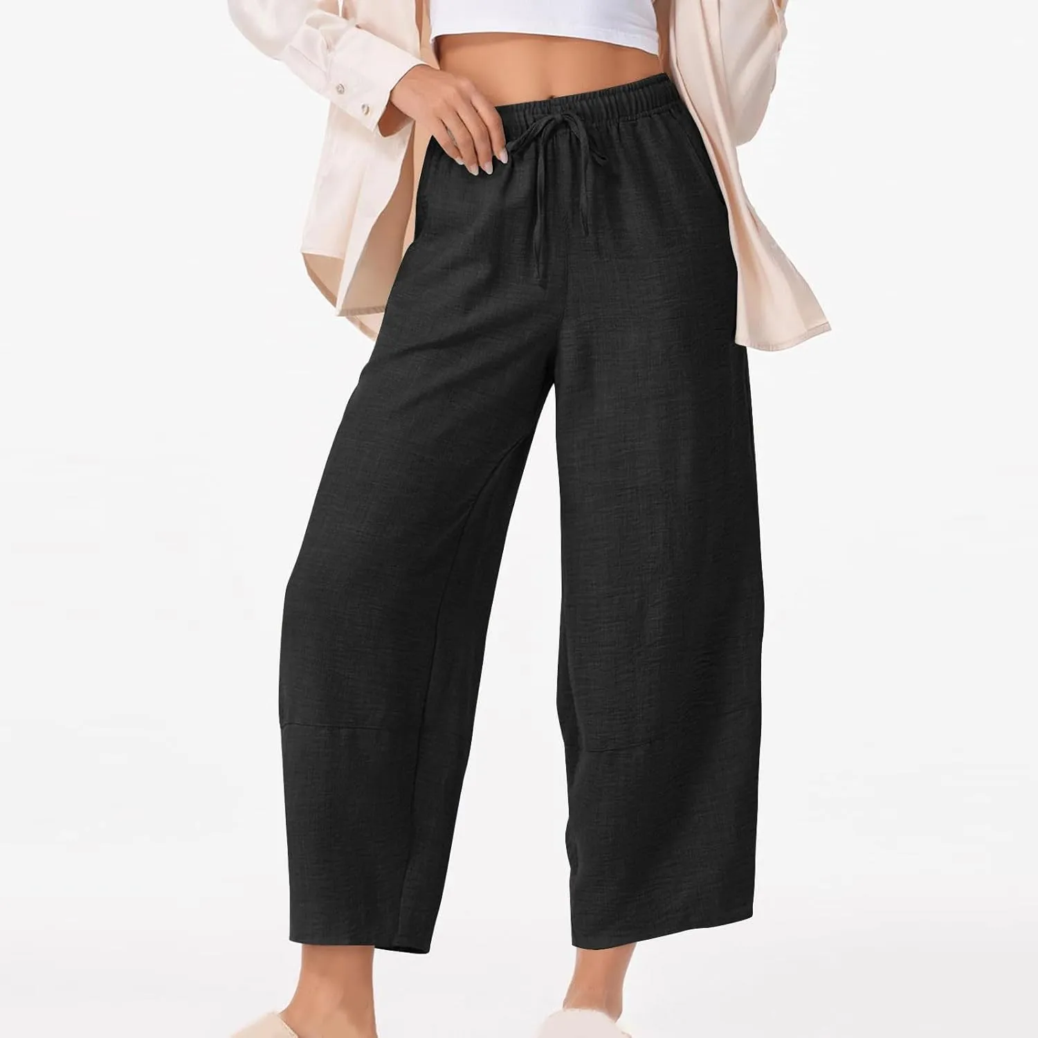 YRAETENM Women's Linen Pants Summer Drawstring High Waisted Solid Beach Pants Casual Wide Leg Lounge Trousers with Pockets