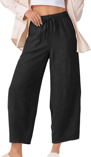 YRAETENM Women's Linen Pants Summer Drawstring High Waisted Solid Beach Pants Casual Wide Leg Lounge Trousers with Pockets