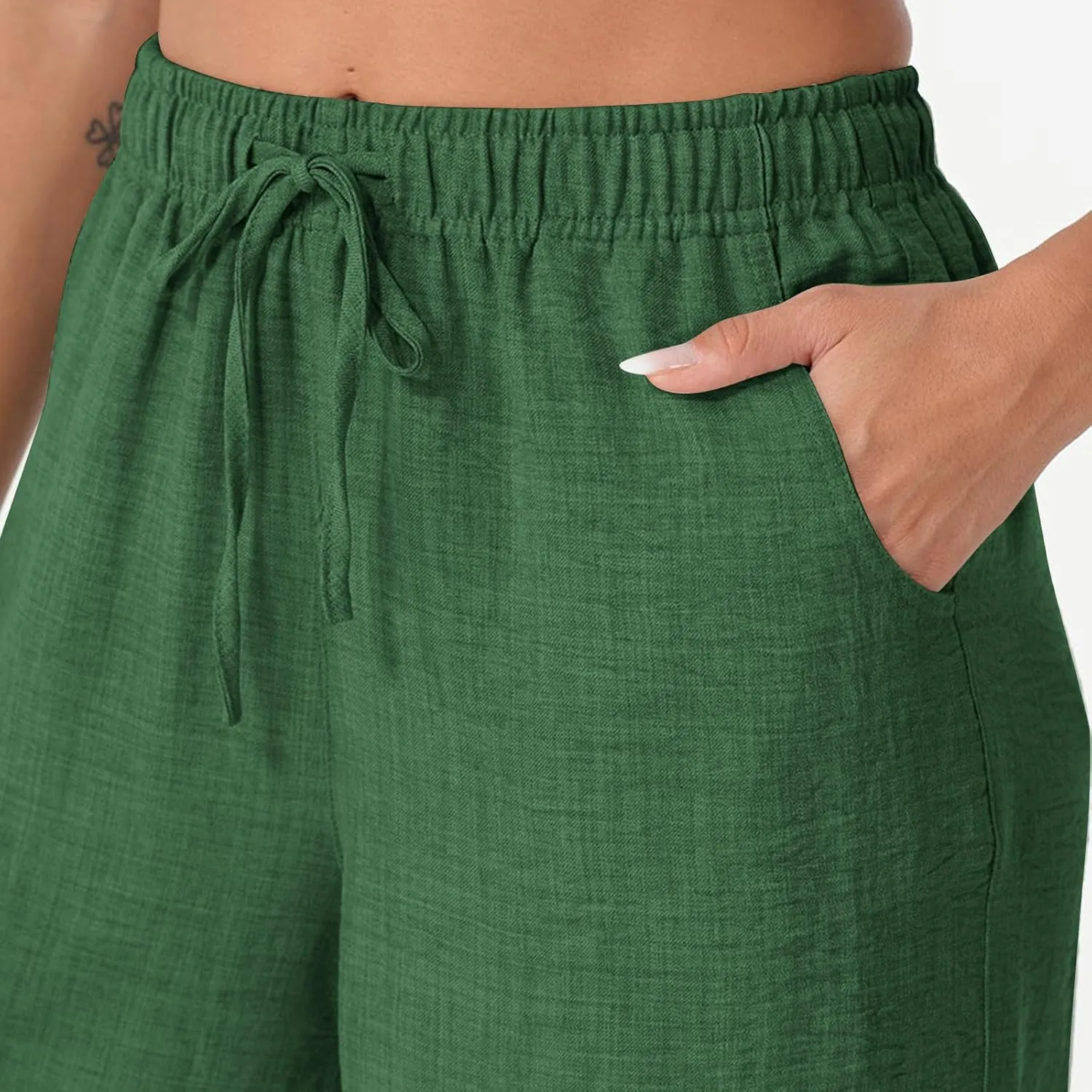 YRAETENM Women's Linen Pants Summer Drawstring High Waisted Solid Beach Pants Casual Wide Leg Lounge Trousers with Pockets