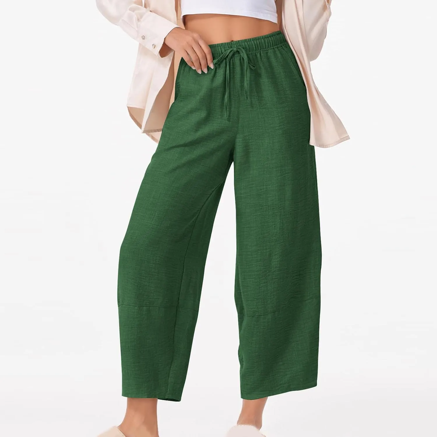 YRAETENM Women's Linen Pants Summer Drawstring High Waisted Solid Beach Pants Casual Wide Leg Lounge Trousers with Pockets