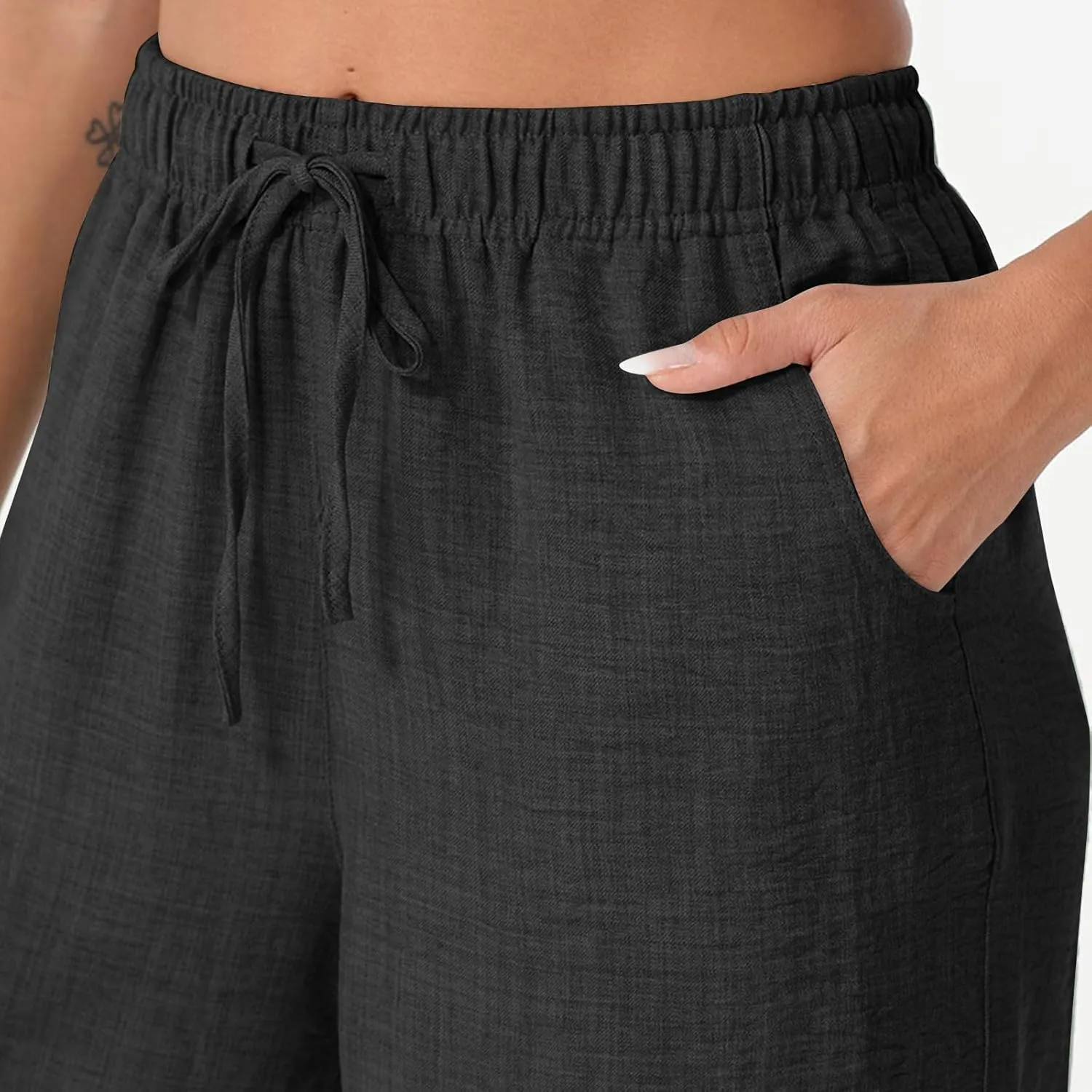 YRAETENM Women's Linen Pants Summer Drawstring High Waisted Solid Beach Pants Casual Wide Leg Lounge Trousers with Pockets