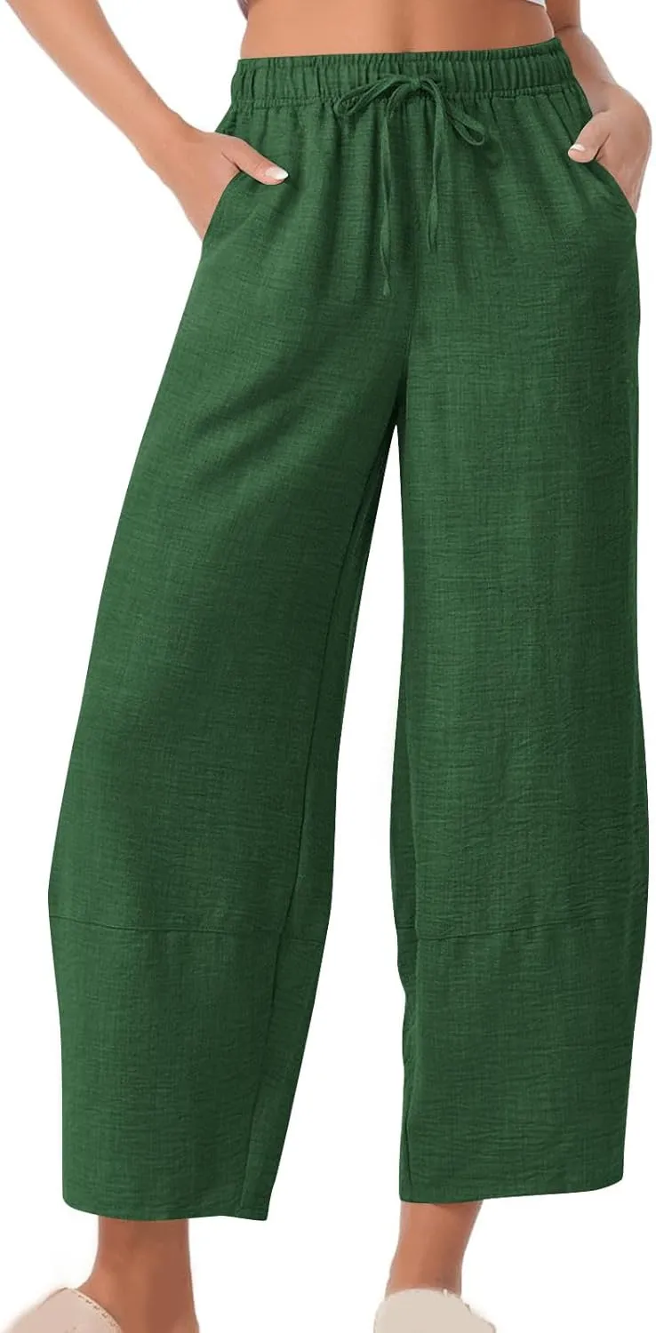 YRAETENM Women's Linen Pants Summer Drawstring High Waisted Solid Beach Pants Casual Wide Leg Lounge Trousers with Pockets