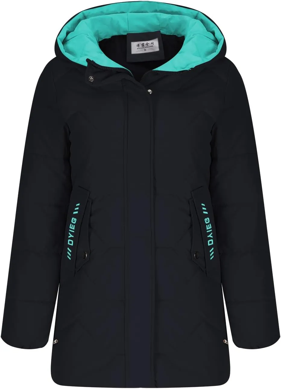 YRAETENM Womens Puffer Jacket Warm Long Zip up Hooded down Coats Heavyweight Quilted Coat Winter Outerwear with Pockets