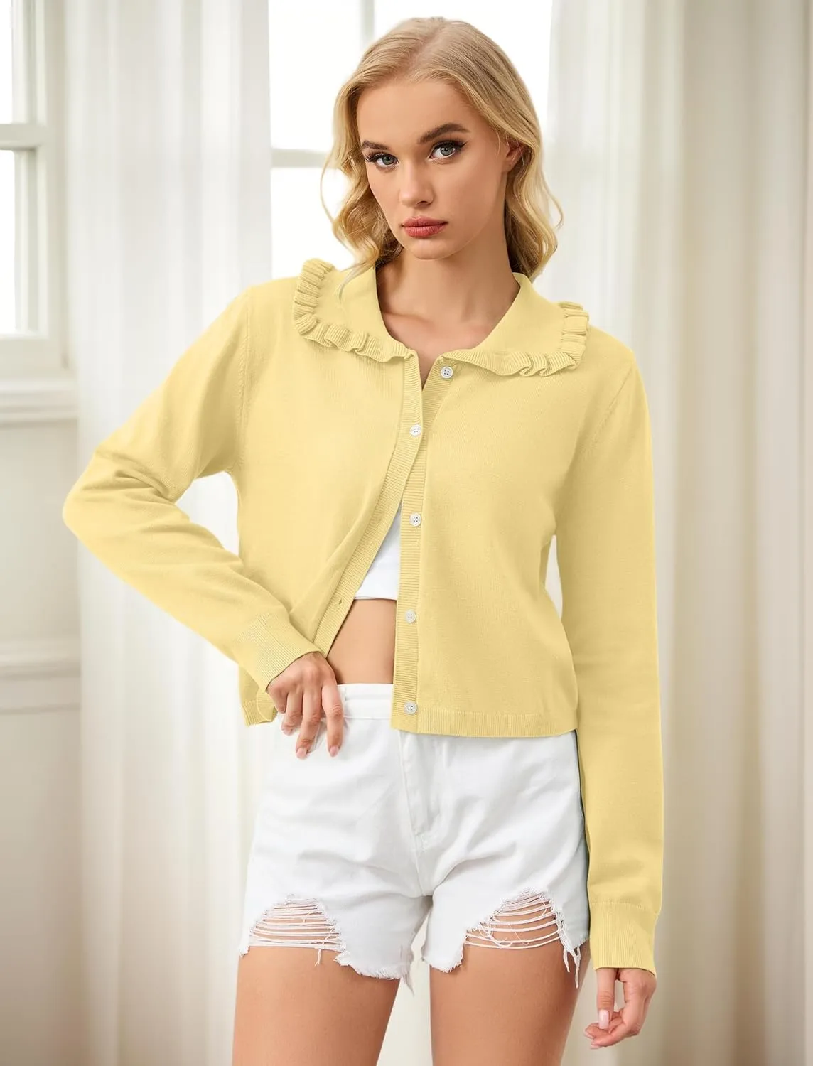 Ythomm Womens Ruffle Collar Cropped Cardigans Button Down Open Front Long Sleeve Knit Sweater Jackets Casual Solid Fall Tops