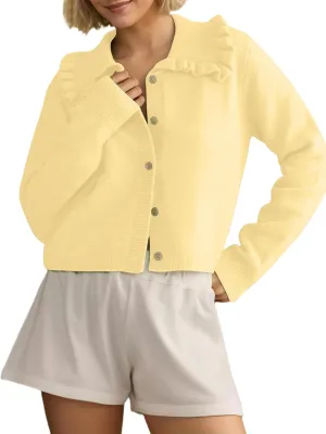 Ythomm Womens Ruffle Collar Cropped Cardigans Button Down Open Front Long Sleeve Knit Sweater Jackets Casual Solid Fall Tops