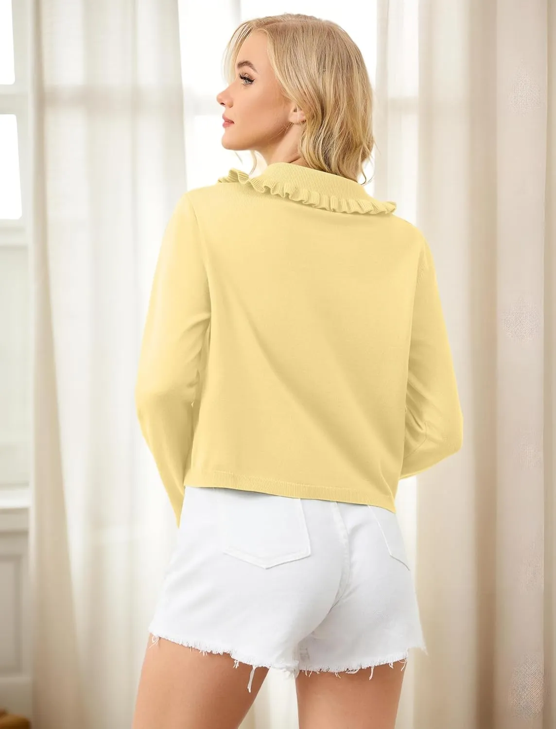Ythomm Womens Ruffle Collar Cropped Cardigans Button Down Open Front Long Sleeve Knit Sweater Jackets Casual Solid Fall Tops