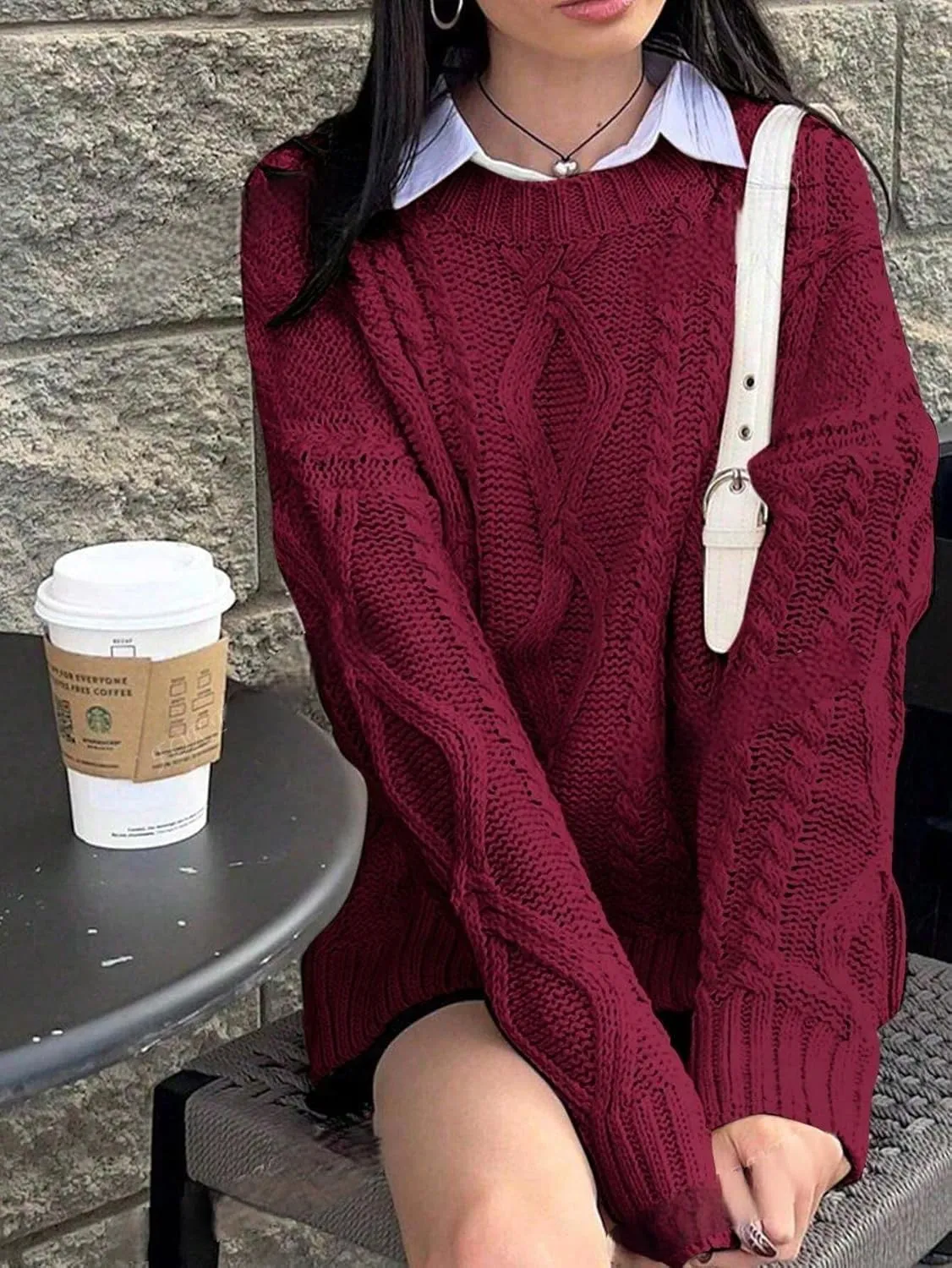 ZAFUL Cable Knit Sweaters for Women Crewneck Casual Knit Pullover Sweater Long Sleeves Jumper Tops
