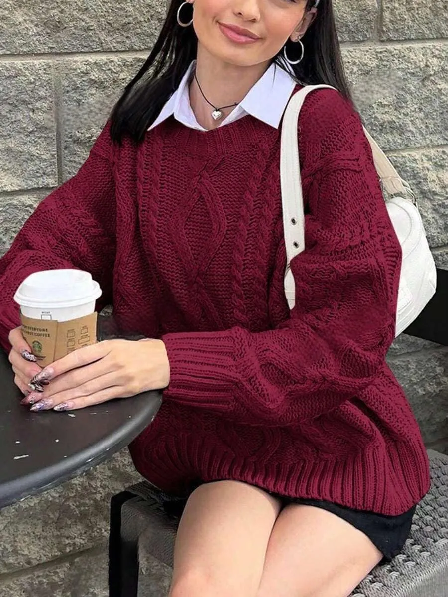 ZAFUL Cable Knit Sweaters for Women Crewneck Casual Knit Pullover Sweater Long Sleeves Jumper Tops