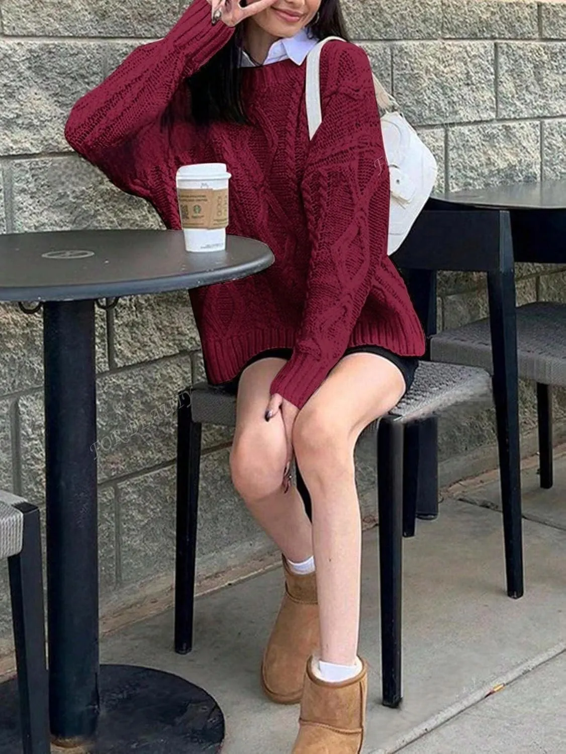 ZAFUL Cable Knit Sweaters for Women Crewneck Casual Knit Pullover Sweater Long Sleeves Jumper Tops